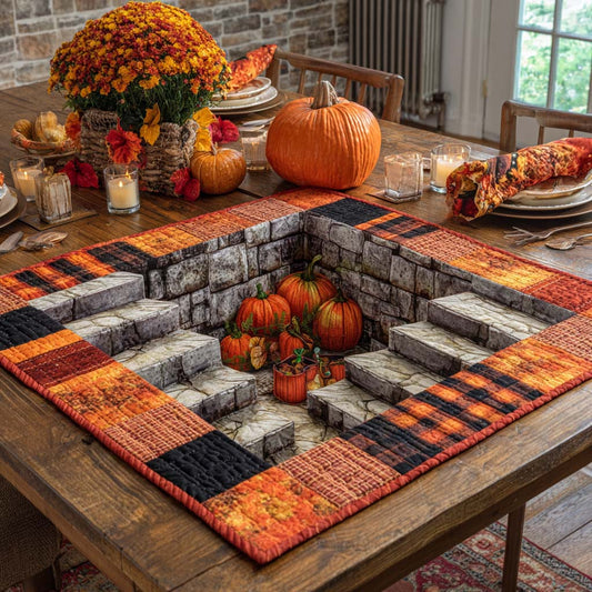 Plaid Stairway Pumpkin Cellar Quilted Table Topper
